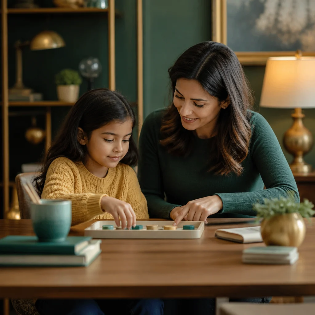 A parent and child sharing a calm weekend learning routine at home with a cozy table setting and dark green and gold decor accents, with no readable text visible.