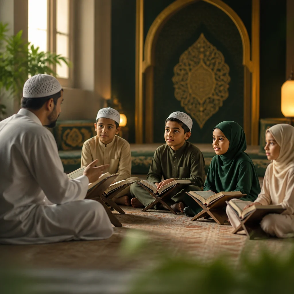 A guided learning moment in a children’s Islamic classroom, with students reviewing open books under an instructor’s supervision, styled in dark green and gold tones with no readable text.