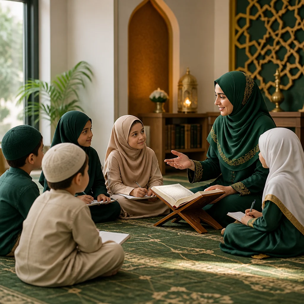 Elementary-age children and an Islamic educator in a calm classroom during a weekend learning session, with warm natural light and Islamic-themed decor in dark green and gold tones.