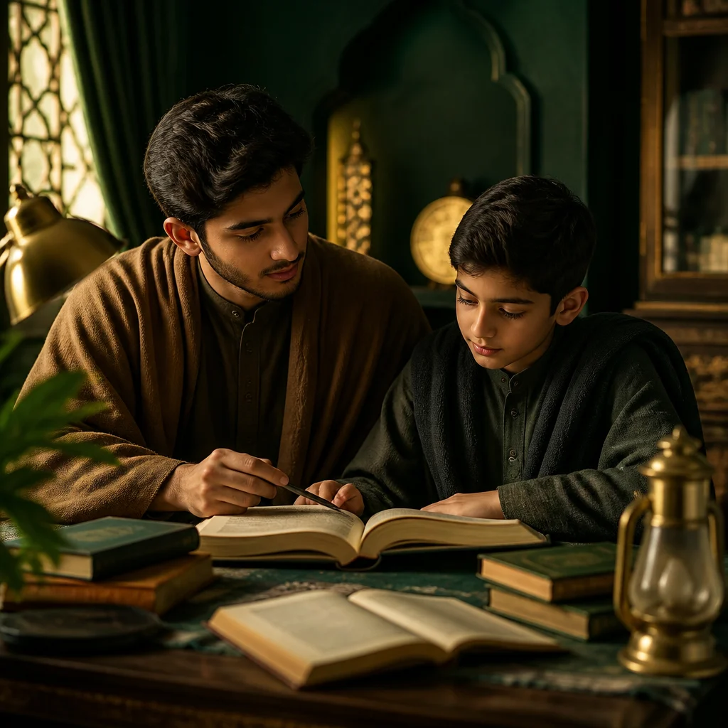 An older mentor brother quietly guiding a younger brother during a study-circle in a deep green and gold-toned setting with no readable text.