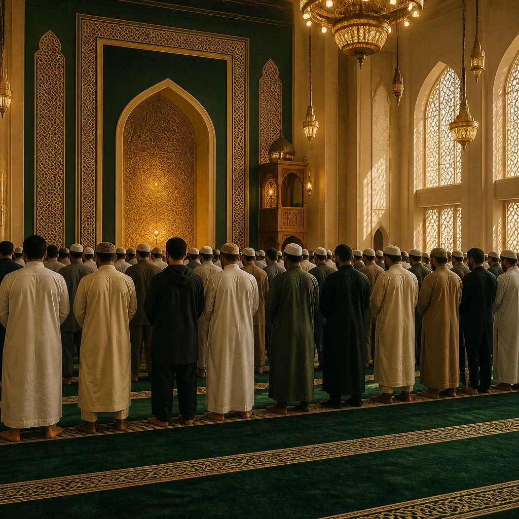 Brothers standing in aligned rows inside a warmly lit mosque for congregational prayer with deep green and gold accents, no visible text.