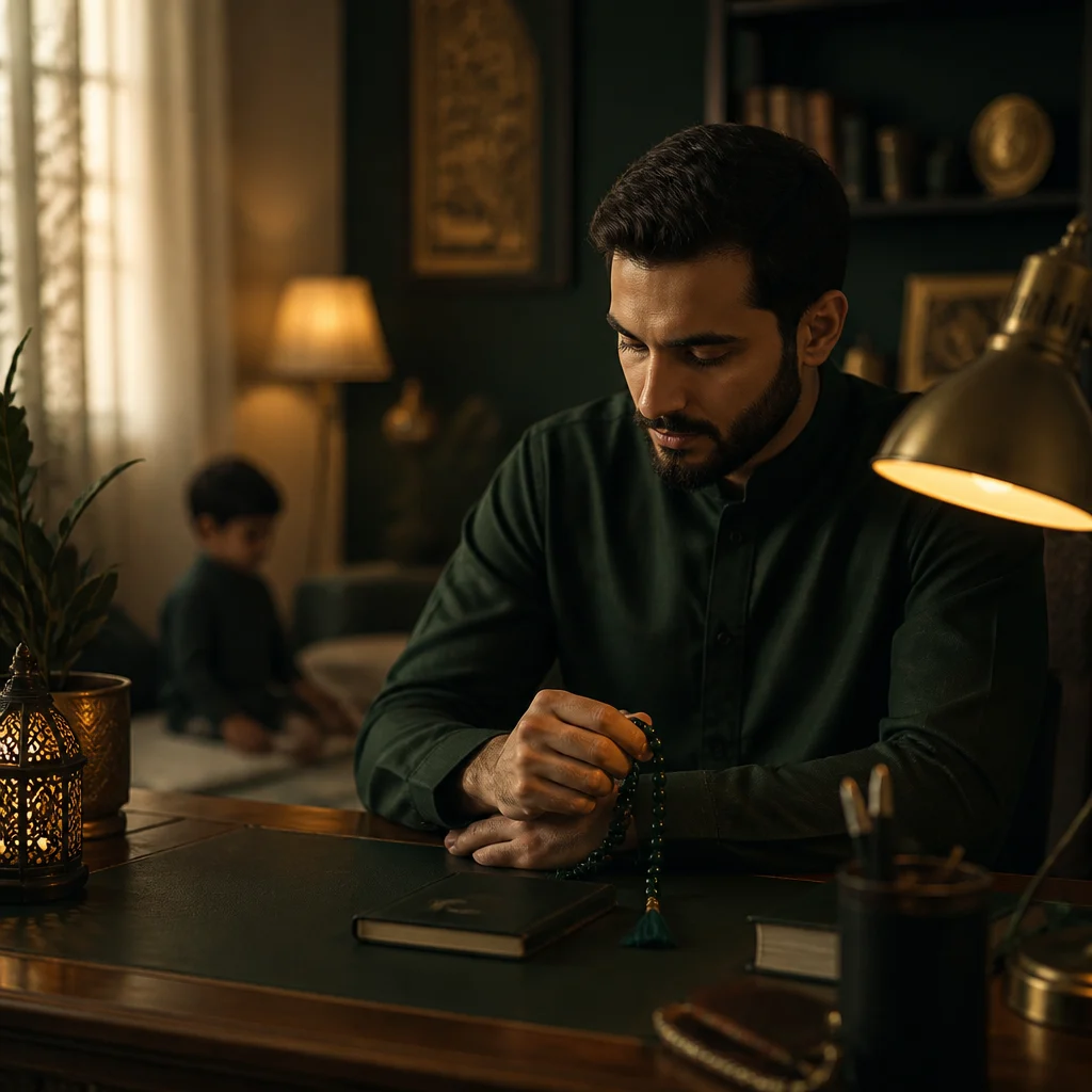 A calm brother reflecting at a desk with prayer beads in a deep green and gold environment, with an out-of-focus hint of family presence and no readable text.