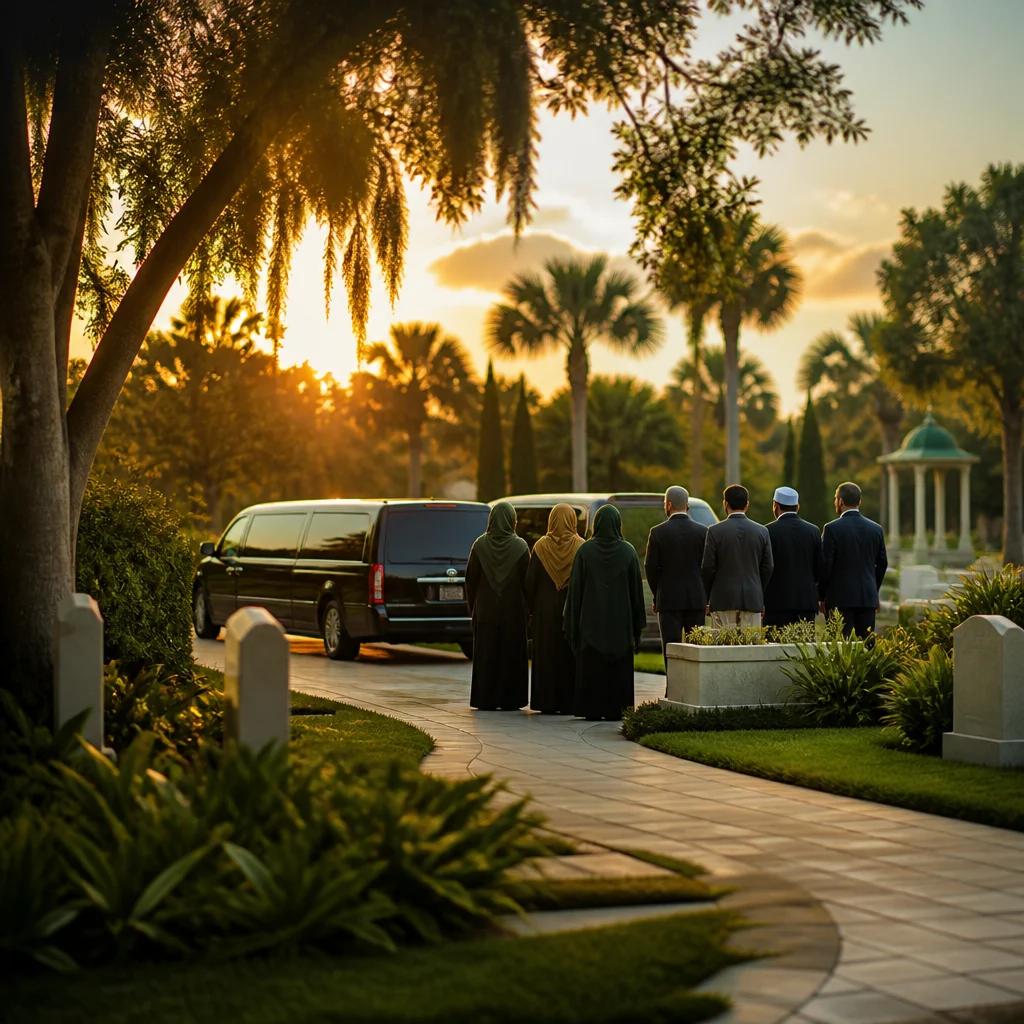 A quiet Central Florida cemetery pathway at golden hour with a respectful funeral vehicle and family members nearby, shown with dignified green-and-gold editorial color grading.
