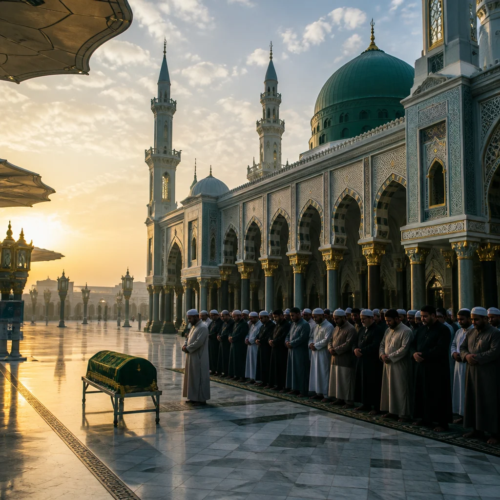 Community members standing in respectful rows for janazah prayer in a mosque courtyard under soft early-morning light, with deep green and subtle gold tones.