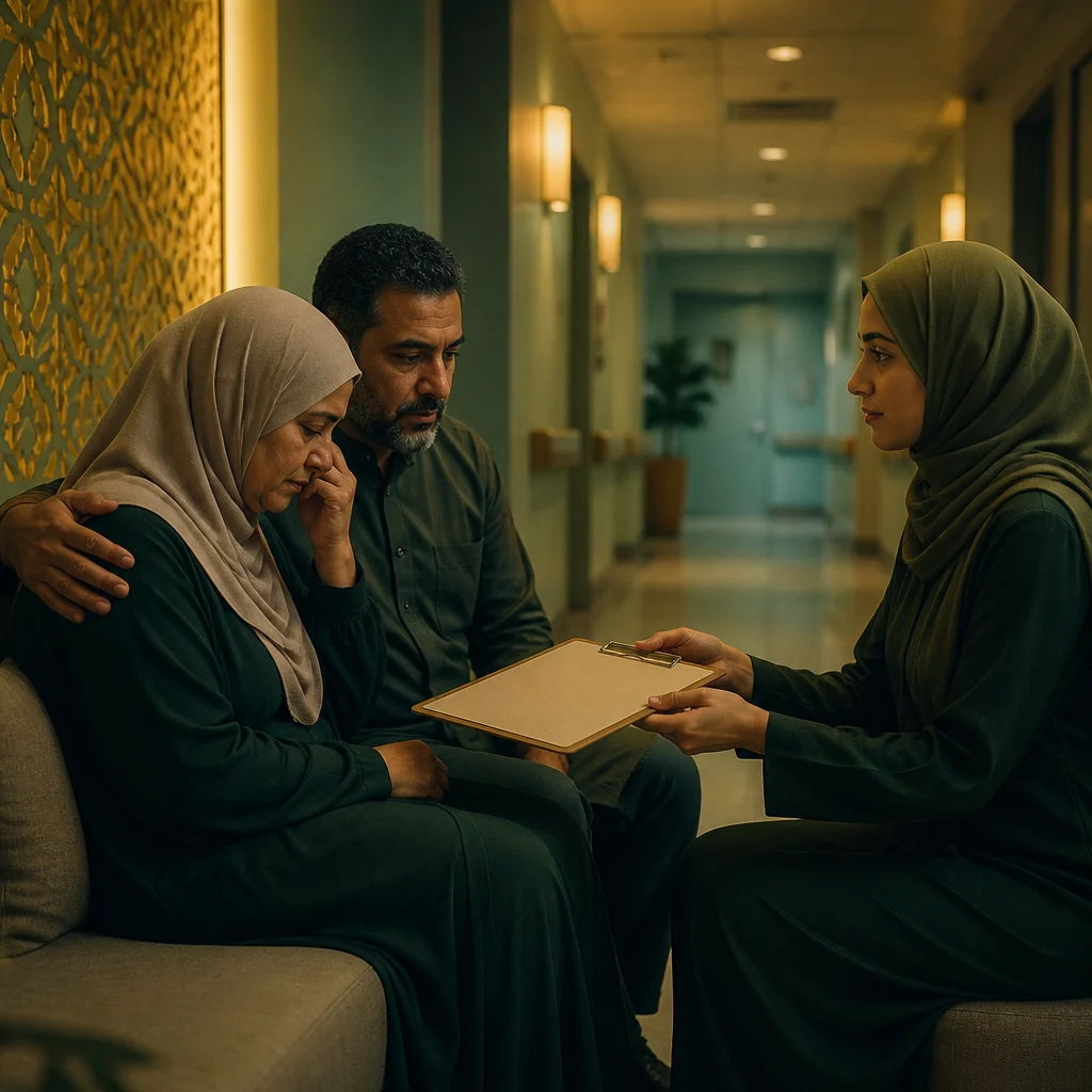 A compassionate community coordinator guiding a grieving family member in a hospital hallway with documents held clearly but without any readable writing, shown in warm gold and deep green lighting.