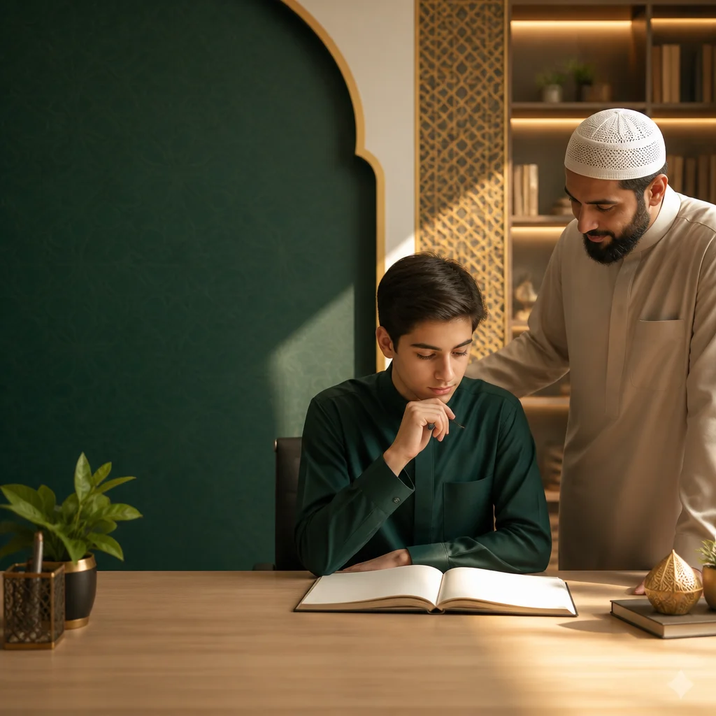 A student reflecting over study materials with a mentor present in a calm, structured learning space styled in green and gold.