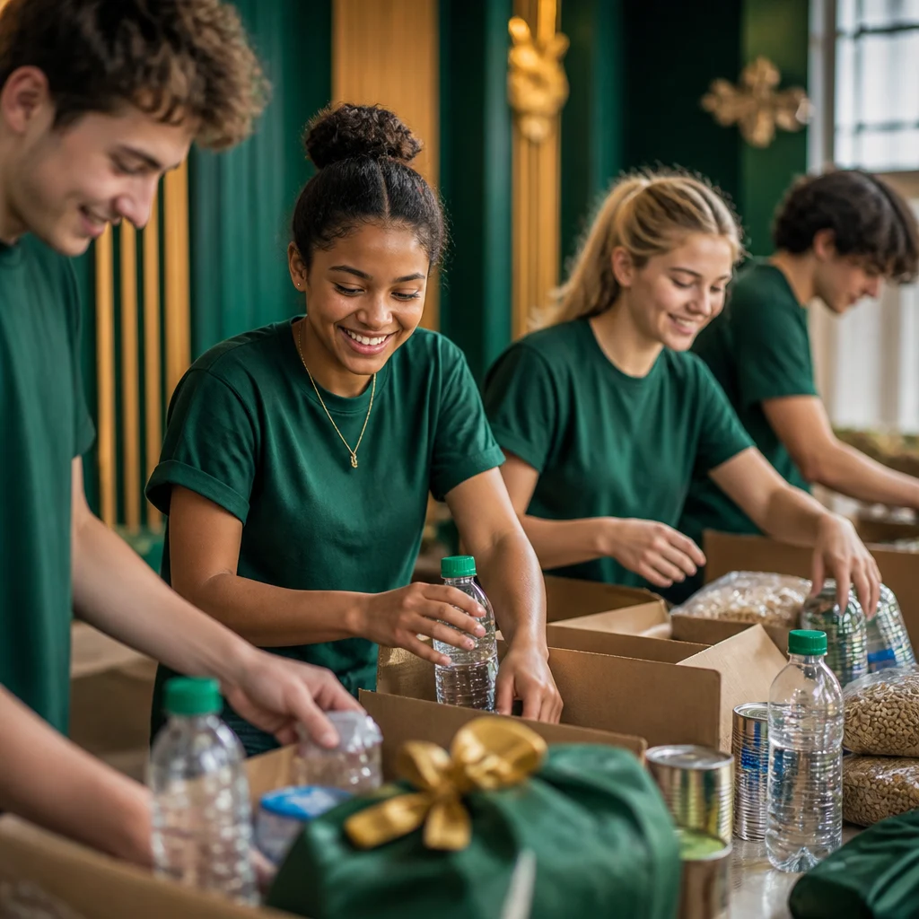 Muslim youth working together on a community service activity in a caring environment with green and gold editorial styling.