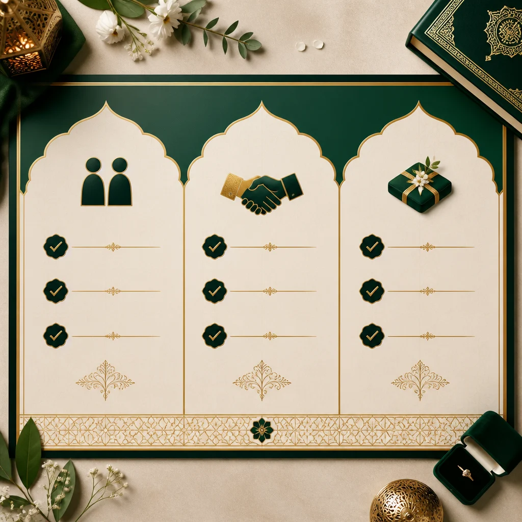 Overhead view of a structured ceremonial checklist board in deep green and warm gold, symbolizing Islamic contract elements, documentation items, and ceremony planning details without any text.