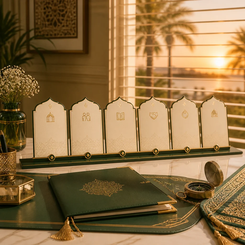 Elegant desk scene with an arranged set of ceremonial step cards and a green folder, symbolizing a guided timeline for Nikah readiness and coordination.