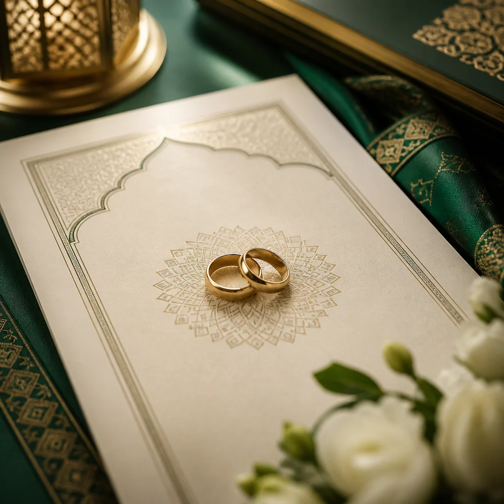 Decorative ceremonial document with subtle Islamic geometric patterns in deep green and warm gold tones, symbolizing mutual consent and contract clarity for an Islamic Nikah.