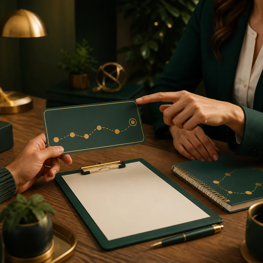 A teacher and parent-style review moment with blank milestone cards and a clean clipboard on a desk in deep green and gold tones, with no readable text visible.