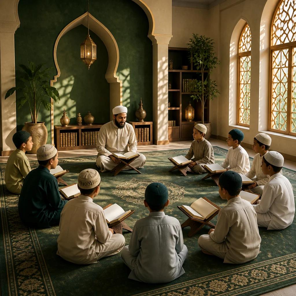 A calm classroom scene where children practice Quran recitation while a teacher guides them, with deep green and gold accents and no readable text visible.