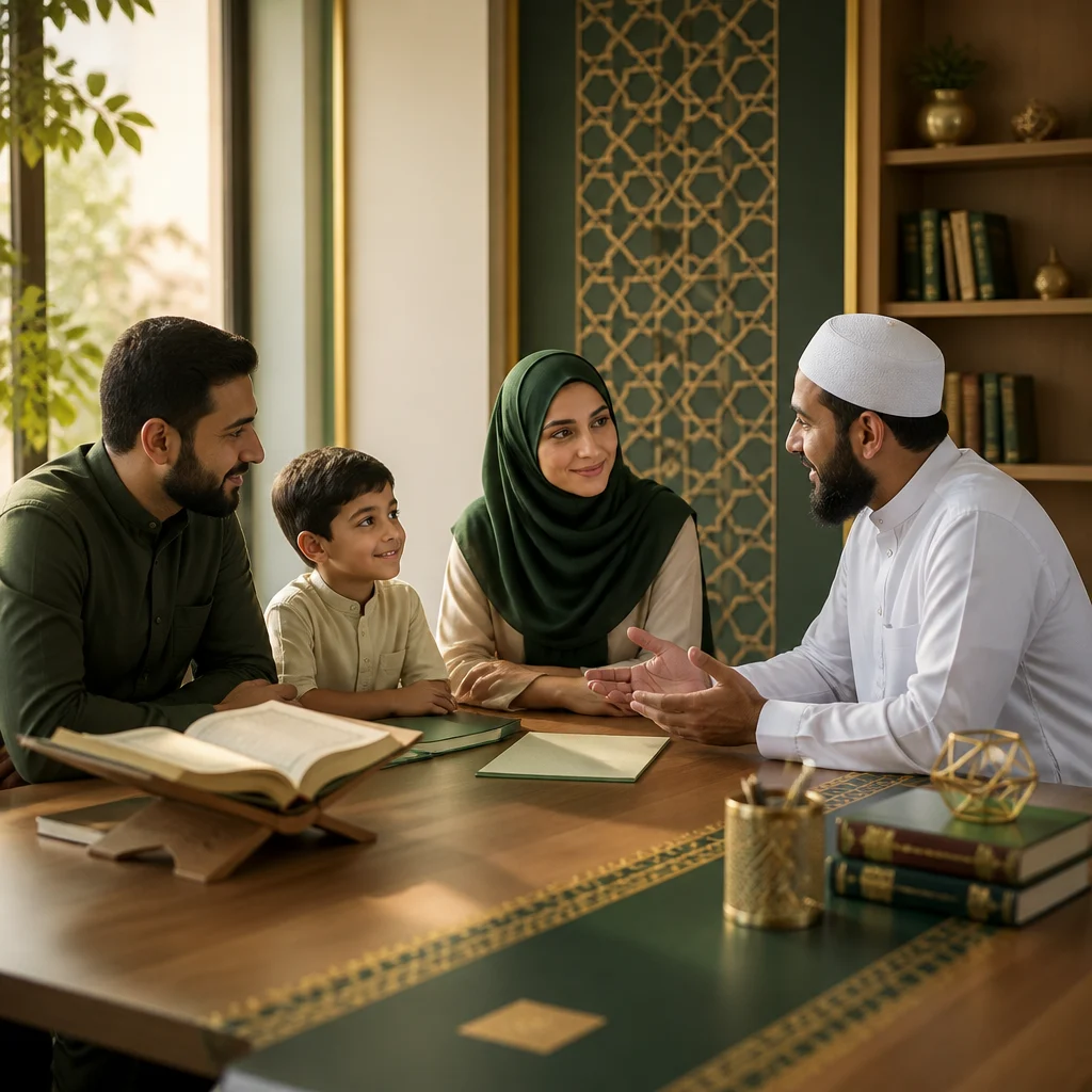 Parents and child reviewing Quran memorization guidance in a calm community classroom with a teacher, styled in deep forest green and gold, with no readable text visible.